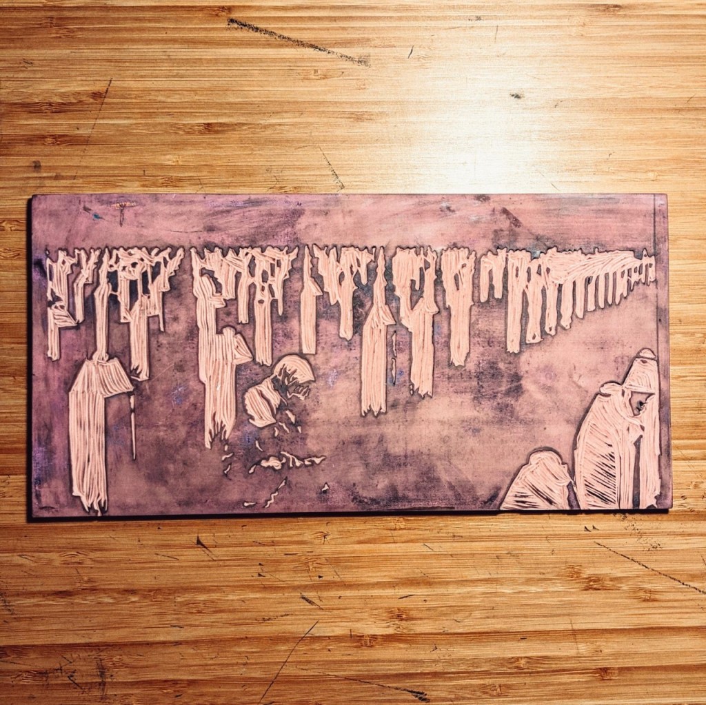 A 6x12" block of Speedball's speedy carve. There are stains of ink from previous printing sessions across the block, but it is freshly cleaned and ready for a new inking for July 2020